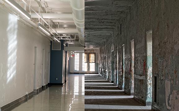 A side-by-side of before and after renovations inside a building at 的脊